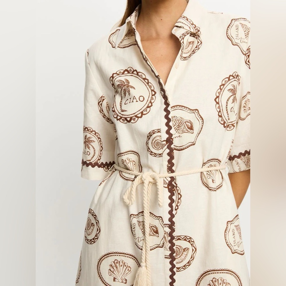 NWT Island Postcard Print Button-Down Midi Shirt Dress Belted, Boho Summer S-2XL - Picture 2 of 8
